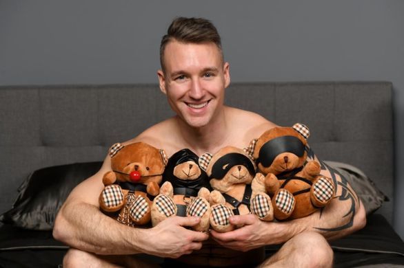 Плюшевий ведмедик БДСМ HOODED Teddy Bear у шкіряному капюшоні з повідцем SO9815 фото