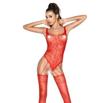 Бодиcтокинг Passion BS034 красный, имитация боди и чулок, комбинезон PBS034R фото